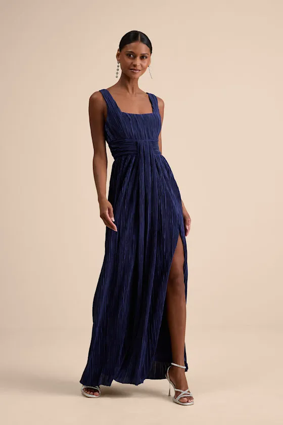 Ameena Navy Blue Plisse Square Neck Sash Maxi Dress sold by Lulus