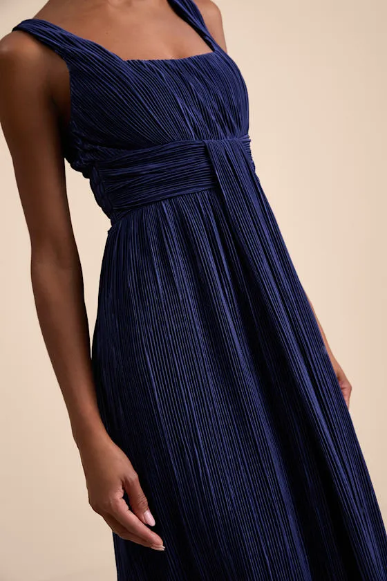 Ameena Navy Blue Plisse Square Neck Sash Maxi Dress sold by Lulus product image thumbnail 2