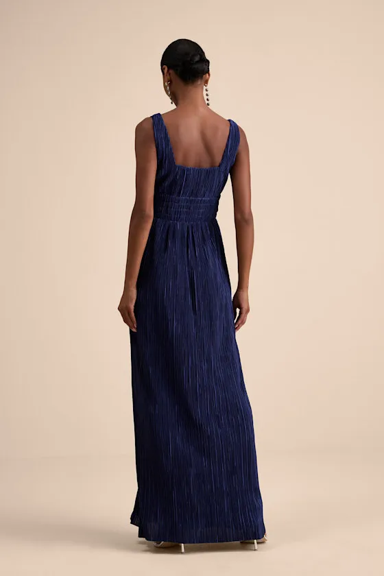 Ameena Navy Blue Plisse Square Neck Sash Maxi Dress sold by Lulus product image thumbnail 3