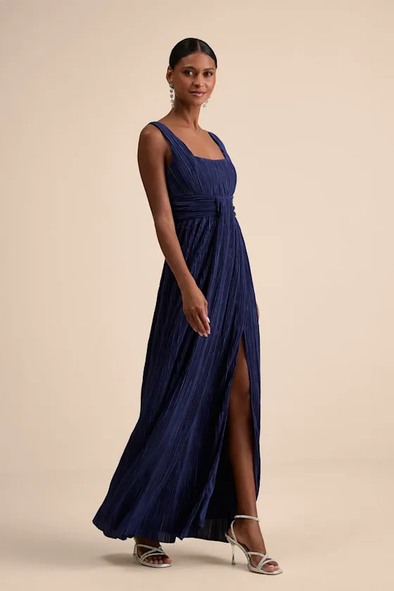 Ameena Navy Blue Plisse Square Neck Sash Maxi Dress sold by Lulus product image thumbnail 4