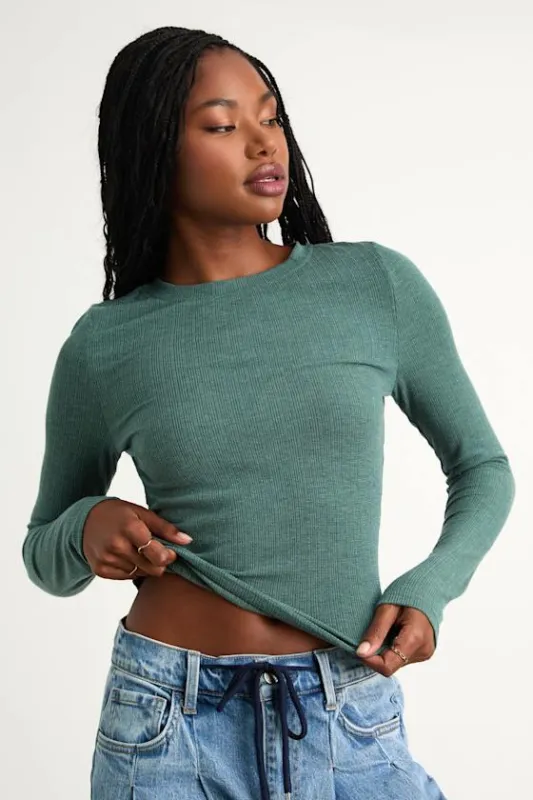 Essential Fit Heather Green Ribbed Knit Long Sleeve Top sold by Lulus