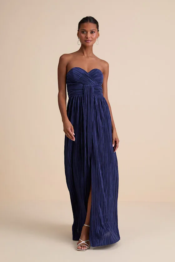 Oswin Navy Satin Plisse Strapless Maxi Dress sold by Lulus