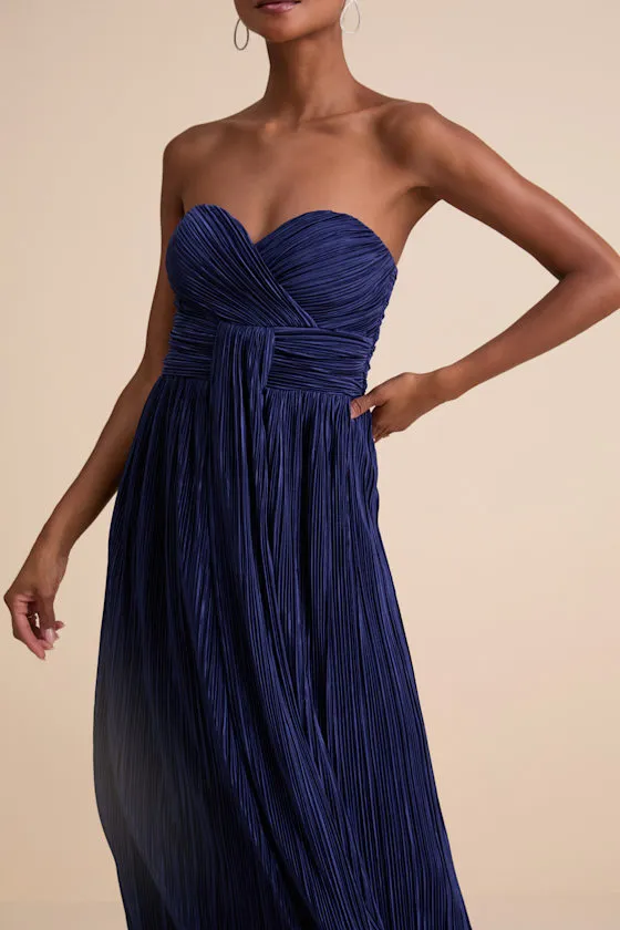 Oswin Navy Satin Plisse Strapless Maxi Dress sold by Lulus product image thumbnail 2