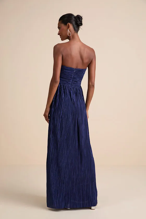 Oswin Navy Satin Plisse Strapless Maxi Dress sold by Lulus product image thumbnail 3