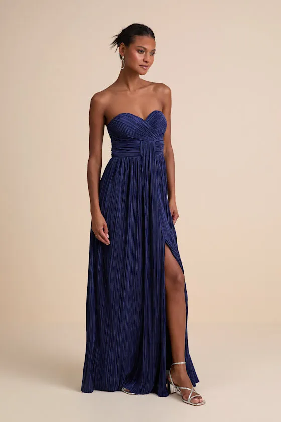 Oswin Navy Satin Plisse Strapless Maxi Dress sold by Lulus product image thumbnail 4
