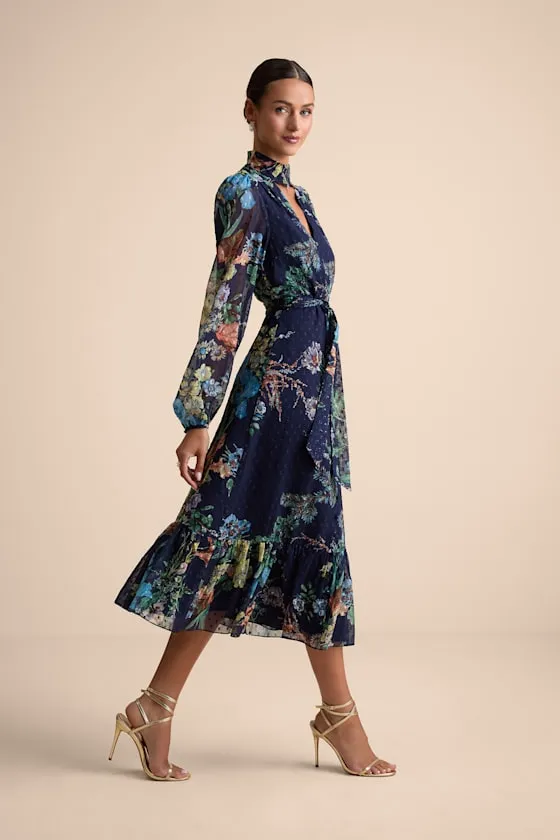 Fallyn Navy Floral Swiss Dot Long Sleeve Midi Dress sold by Lulus