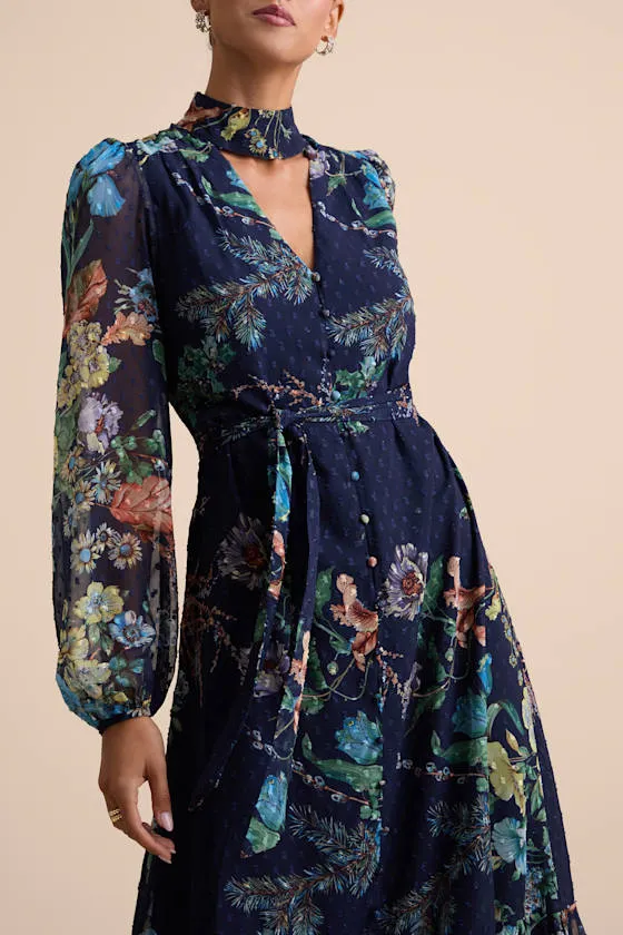 Fallyn Navy Floral Swiss Dot Long Sleeve Midi Dress sold by Lulus product image thumbnail 2