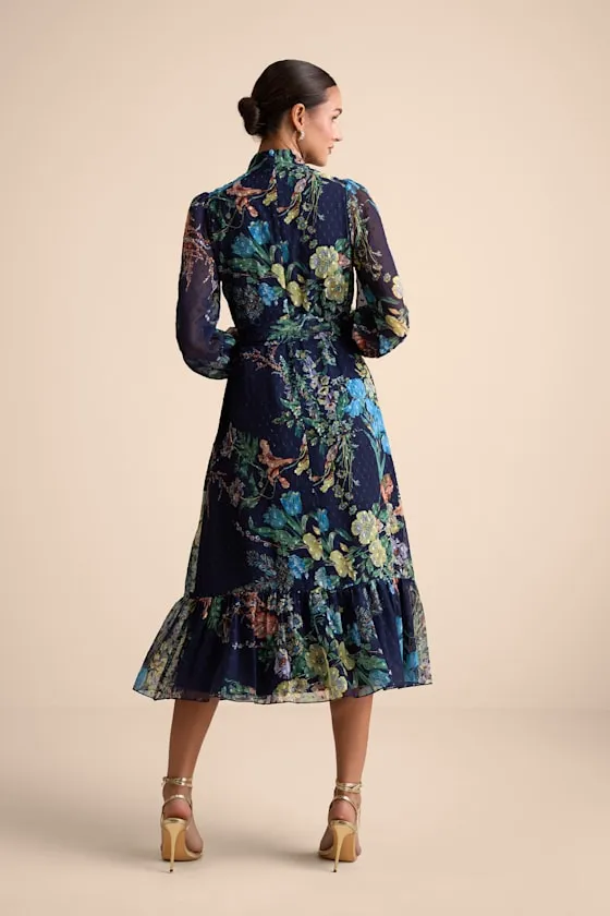 Fallyn Navy Floral Swiss Dot Long Sleeve Midi Dress sold by Lulus product image thumbnail 3