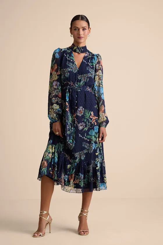 Fallyn Navy Floral Swiss Dot Long Sleeve Midi Dress sold by Lulus product image thumbnail 4