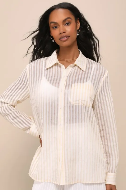 Everyday Choice Ivory and Beige Striped Burnout Button-Up Top sold by Lulus