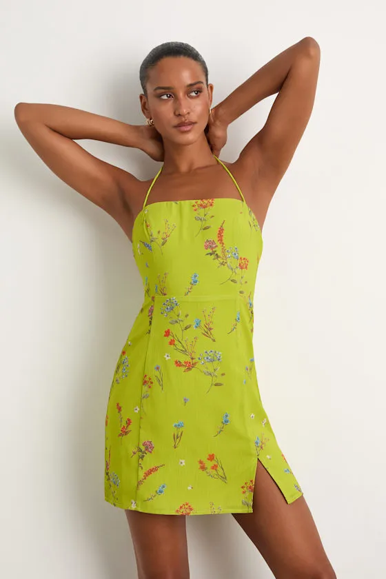 Catch the Bouquet Lime Green Floral Halter Lace-Up Mini Dress sold by Lulus