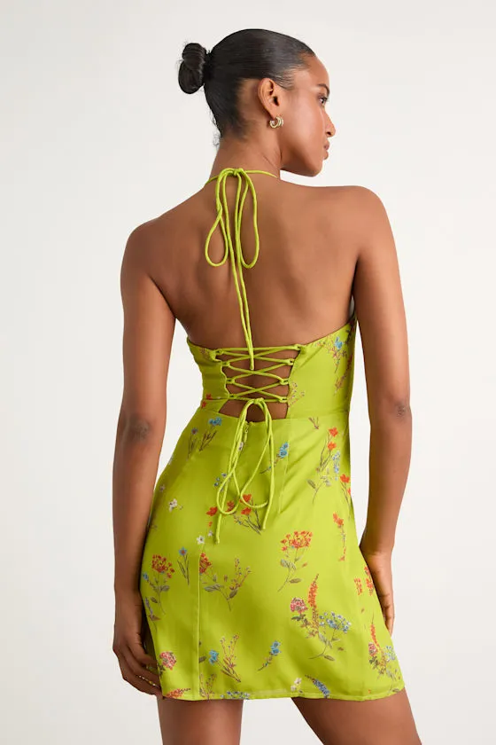 Catch the Bouquet Lime Green Floral Halter Lace-Up Mini Dress sold by Lulus product image thumbnail 3