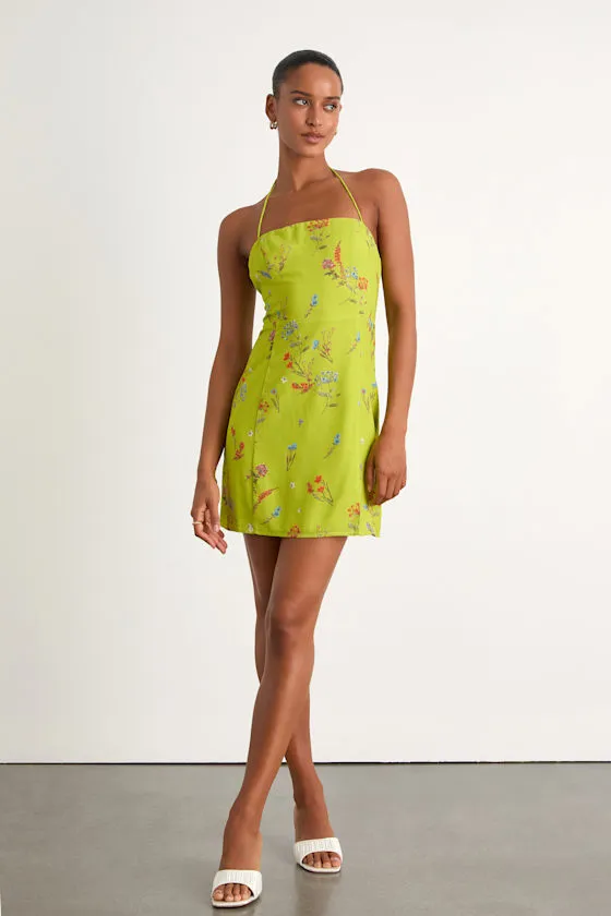 Catch the Bouquet Lime Green Floral Halter Lace-Up Mini Dress sold by Lulus product image thumbnail 4