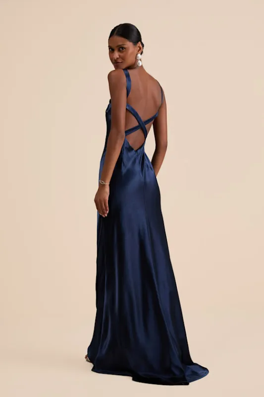 Perfectly Classy Navy Satin Strappy Maxi Dress sold by Lulus
