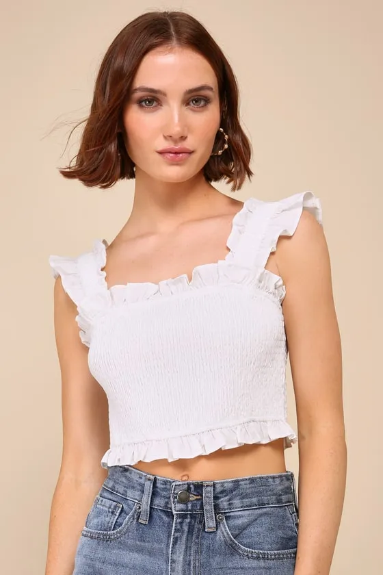 Sweetly Flirtatious Ivory Smocked Ruffled Crop Top sold by Lulus