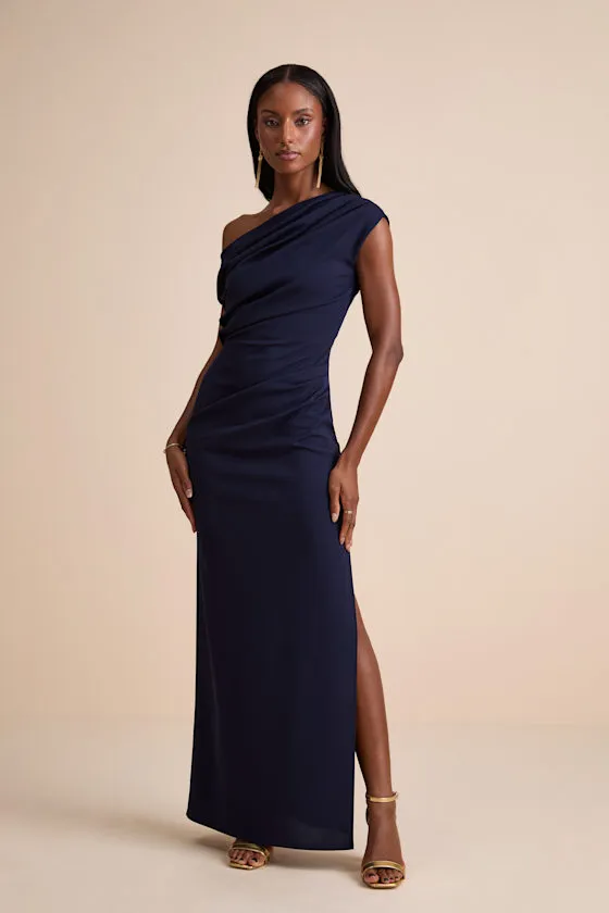 Janine Navy Asymmetrical Maxi Dress sold by Lulus