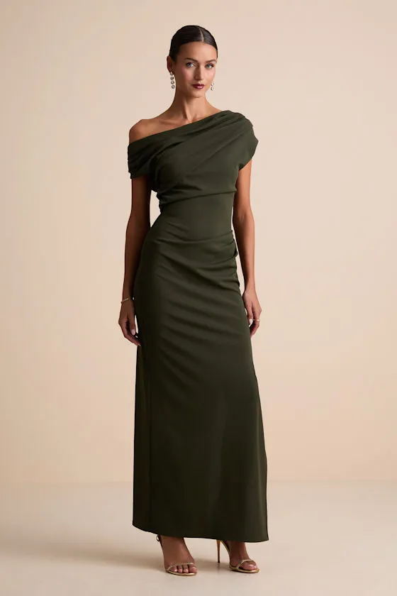 Janine Dark Olive Asymmetrical Maxi Dress sold by Lulus