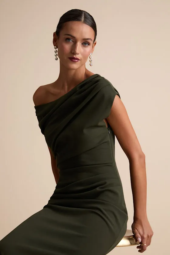 Janine Dark Olive Asymmetrical Maxi Dress sold by Lulus product image thumbnail 2