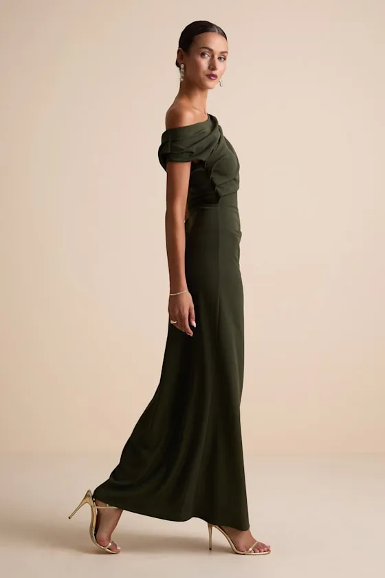 Janine Dark Olive Asymmetrical Maxi Dress sold by Lulus product image thumbnail 4