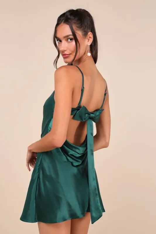 Sincerest Elegance Emerald Satin Cowl Back Bow Mini Dress sold by Lulus