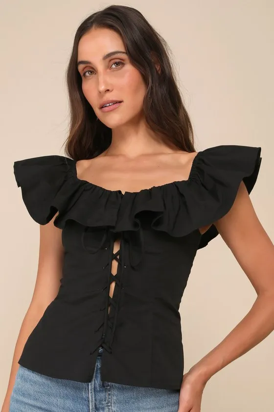 Incredibly Gorgeous Black Ruffled Lace-Up Flutter Sleeve Top sold by Lulus