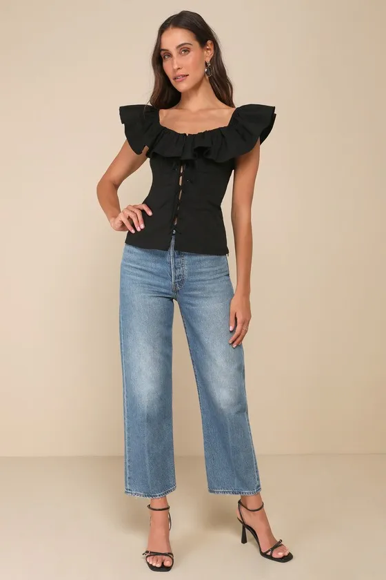 Incredibly Gorgeous Black Ruffled Lace-Up Flutter Sleeve Top sold by Lulus product image thumbnail 2