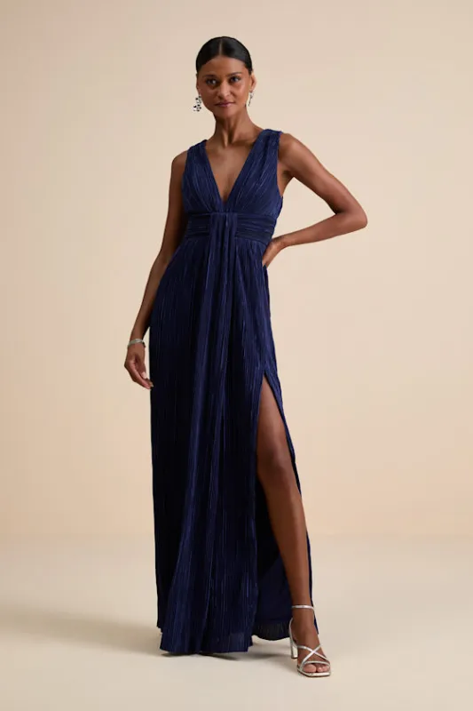 Melitta Navy Blue Plisse Sash Maxi Dress sold by Lulus