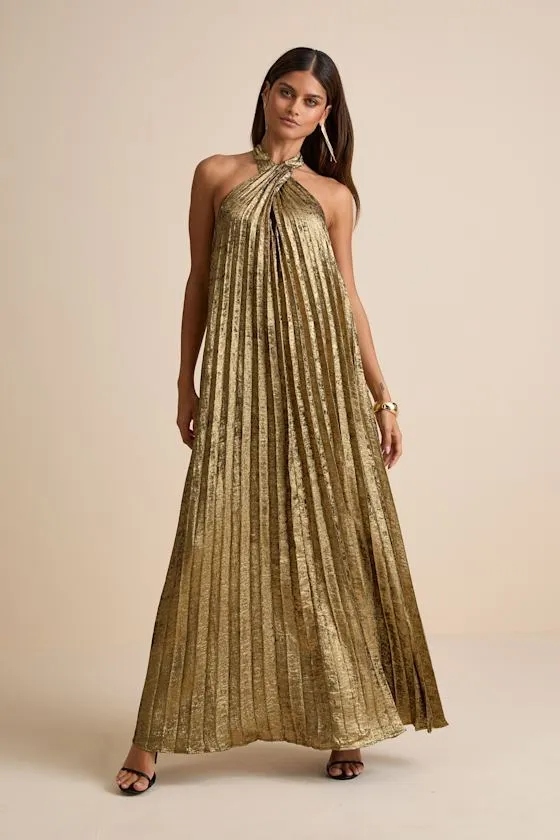 Gelsey Gold Lurex Pleated Halter Shift Maxi Dress sold by Lulus