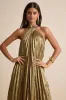 Gelsey Gold Lurex Pleated Halter Shift Maxi Dress sold by Lulus