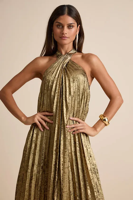 Gelsey Gold Lurex Pleated Halter Shift Maxi Dress sold by Lulus product image thumbnail 2