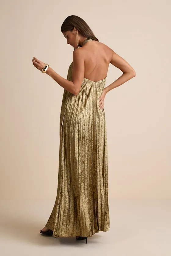 Gelsey Gold Lurex Pleated Halter Shift Maxi Dress sold by Lulus product image thumbnail 3