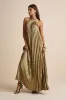 Gelsey Gold Lurex Pleated Halter Shift Maxi Dress sold by Lulus