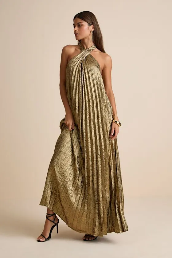 Gelsey Gold Lurex Pleated Halter Shift Maxi Dress sold by Lulus product image thumbnail 4