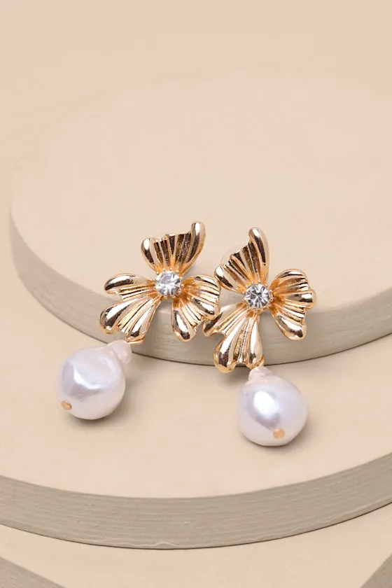 Tirana Gold Pearl Flower Drop Earrings sold by Lulus product image thumbnail 2
