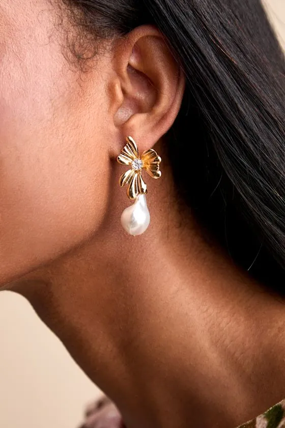 Tirana Gold Pearl Flower Drop Earrings sold by Lulus product image thumbnail 3