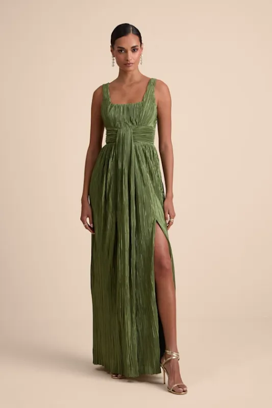 Ameena Olive Green Plisse Square Neck Sash Maxi Dress sold by Lulus