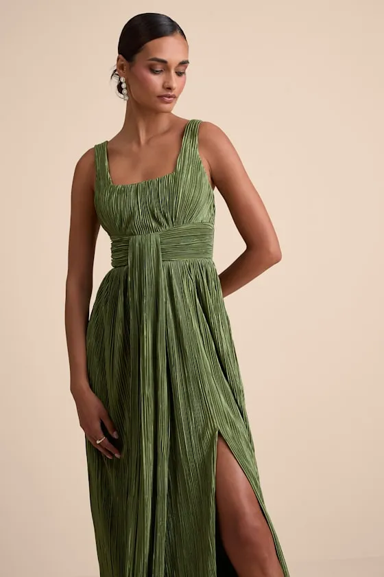 Ameena Olive Green Plisse Square Neck Sash Maxi Dress sold by Lulus product image thumbnail 2