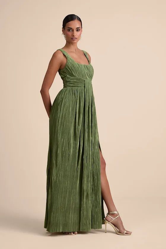 Ameena Olive Green Plisse Square Neck Sash Maxi Dress sold by Lulus product image thumbnail 4