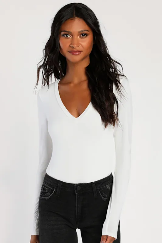 Clean Look White V-Neck Long Sleeve Bodysuit sold by Lulus