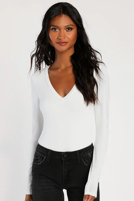 Clean Look White V-Neck Long Sleeve Bodysuit sold by Lulus