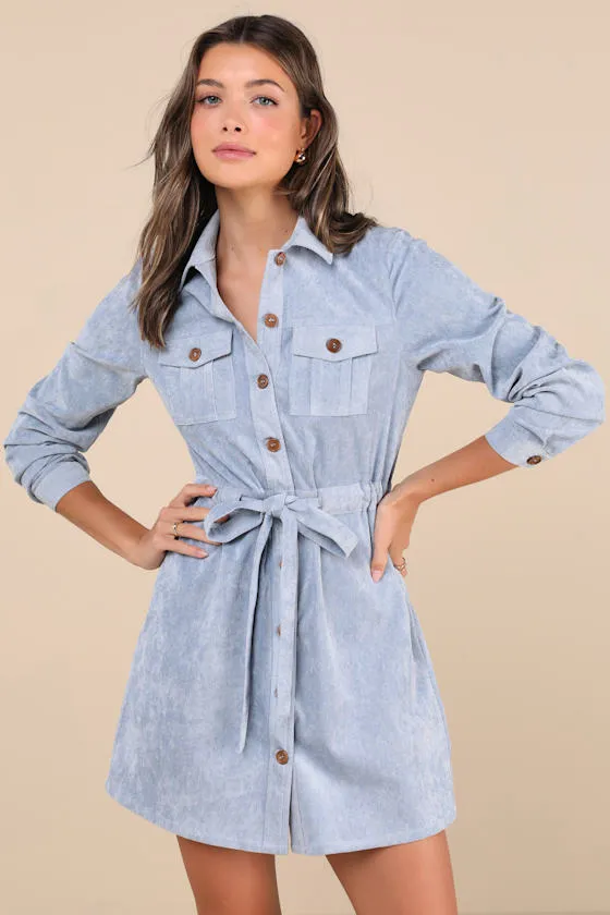 Simple Affection Blue Corduroy Mini Dress With Pockets sold by Lulus