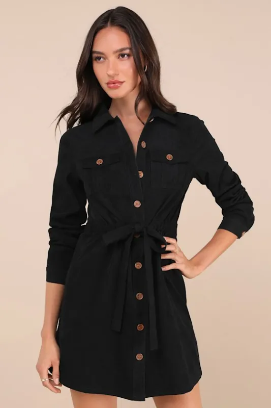 Simple Affection Black Corduroy Mini Dress With Pockets sold by Lulus