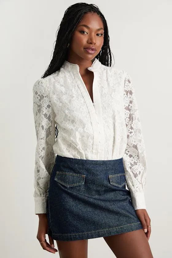 Mirabie Ivory Lace Button-Front Long Sleeve Bodysuit sold by Lulus