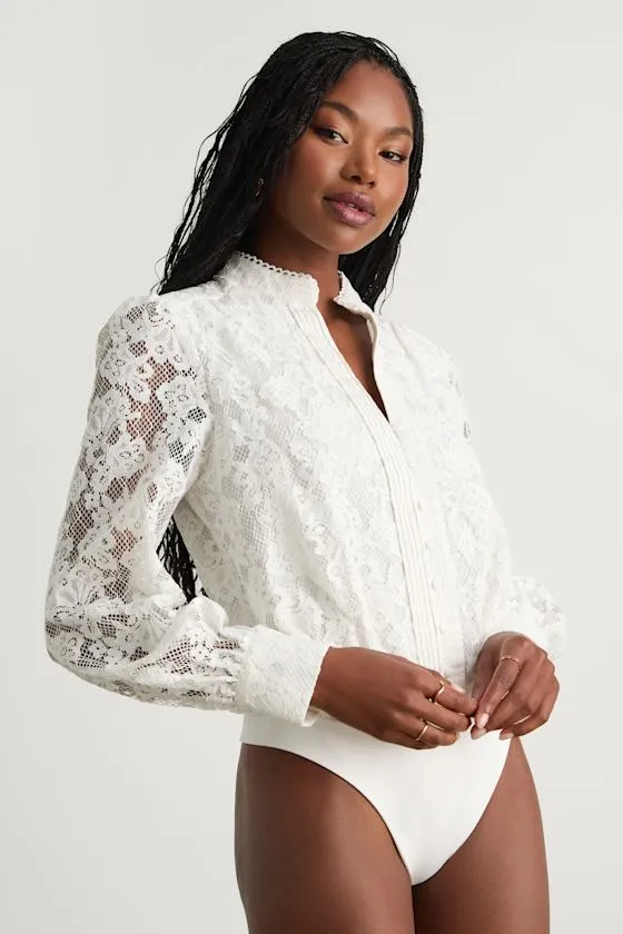 Mirabie Ivory Lace Button-Front Long Sleeve Bodysuit sold by Lulus product image thumbnail 4