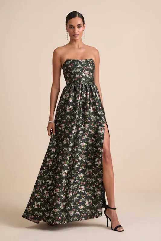 Rainie Black Floral Jacquard Strapless Lace-Up Maxi Dress sold by Lulus