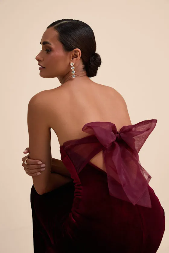 Mesmerizing Elegance Red Velvet Strapless Backless Maxi Dress sold by Lulus product image thumbnail 3