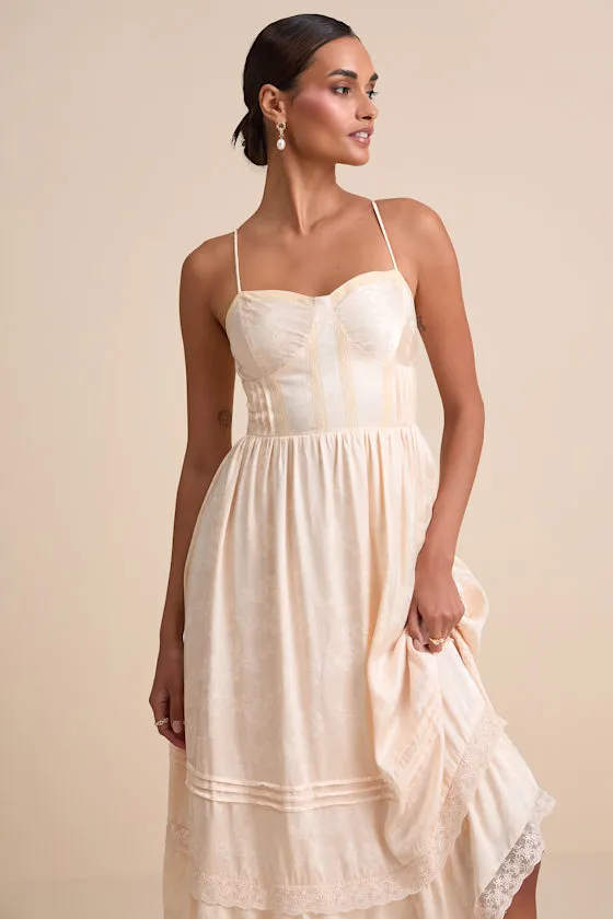 Sarisha Blush Satin Jacquard Bustier Midi Dress sold by Lulus