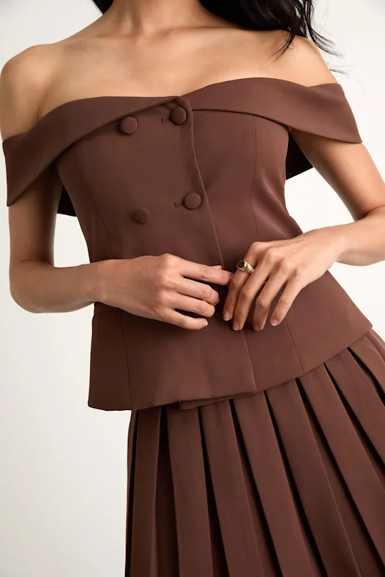 Mahika Brown Double-Breasted Off-the-Shoulder Top sold by Lulus