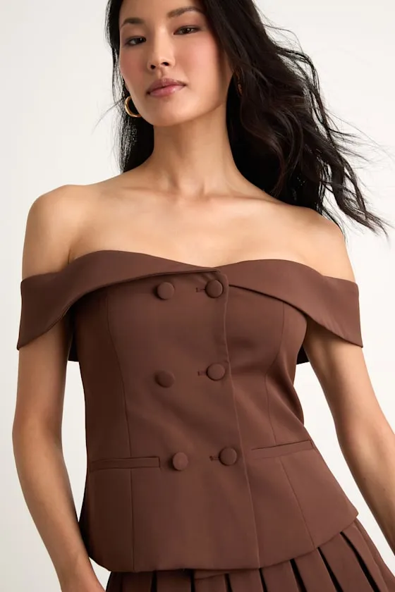 Mahika Brown Double-Breasted Off-the-Shoulder Top sold by Lulus product image thumbnail 2