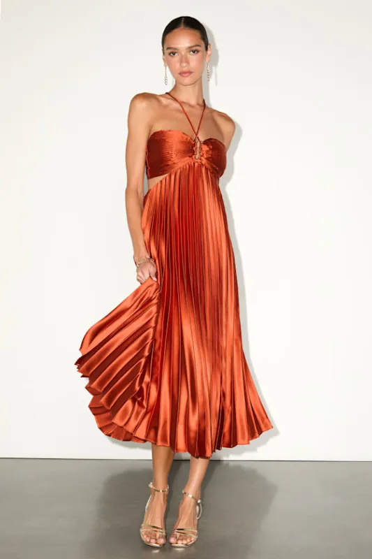Aerin Rust Satin Pleated Cutout Midi Dress made by Lulus